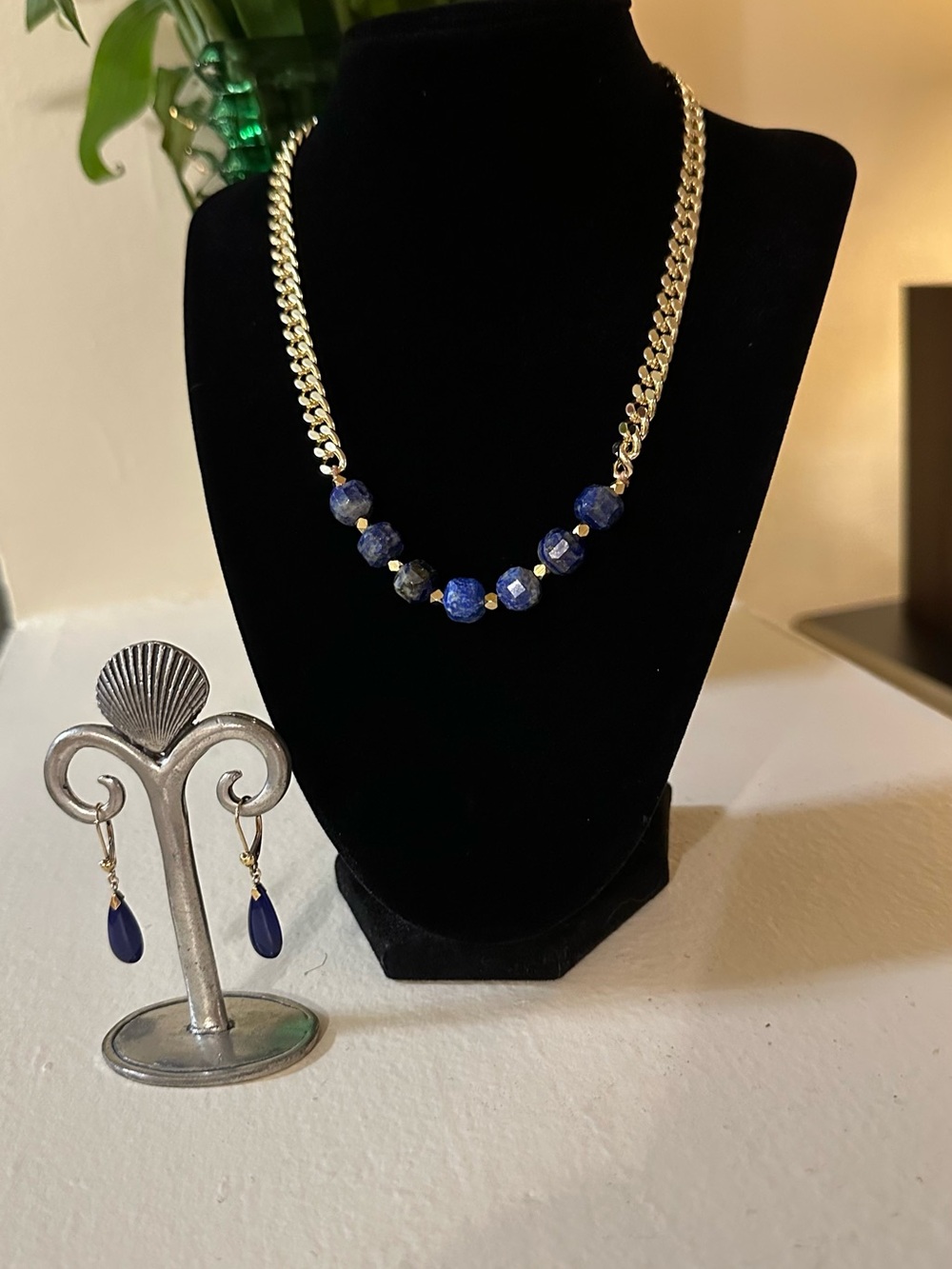 Gold Chain Necklace with Sodalite Beads - Women Jewelry and earrings